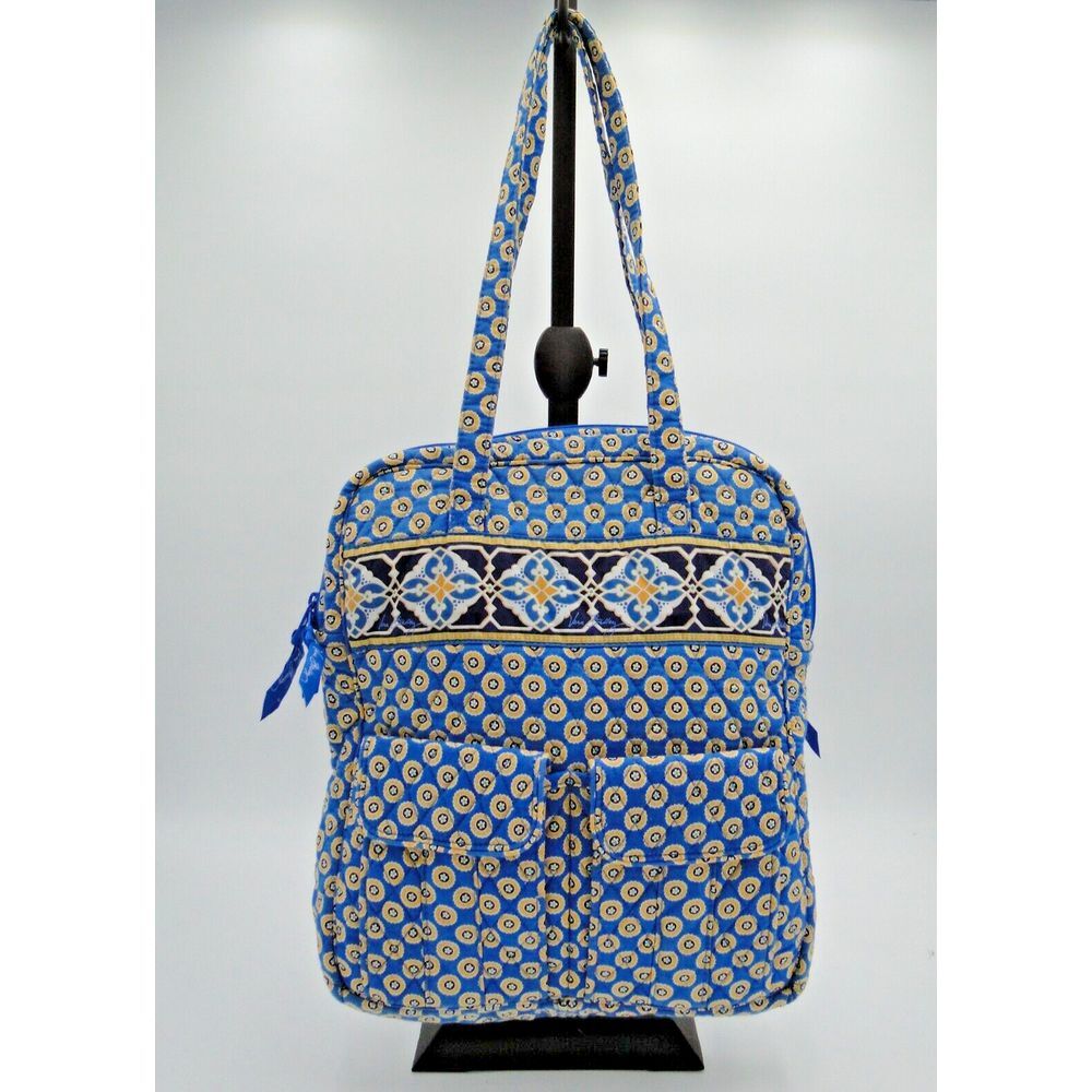 Vera Bradley Riviera Blue Tall Zip Tote Fabric Laptop Book Bag w/ Pockets EUC